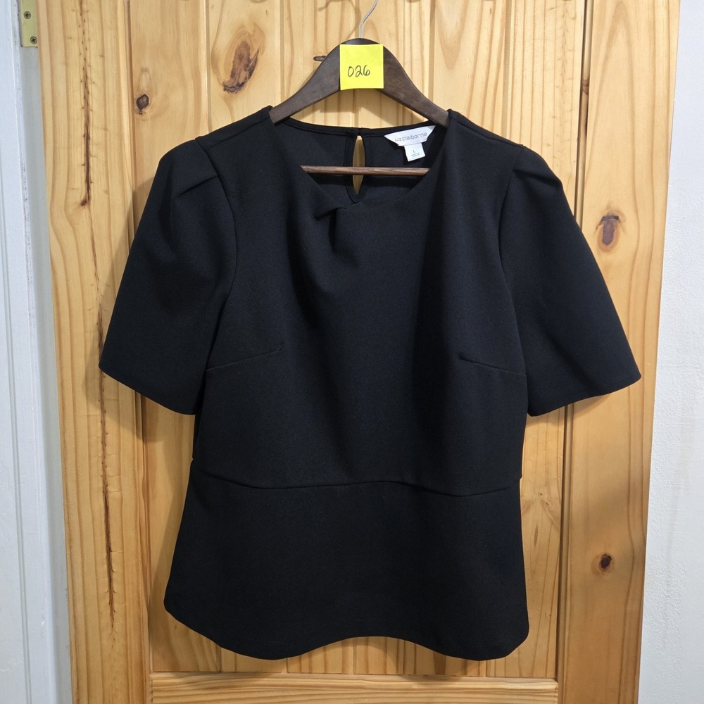 Liz Claiborne Womens Black Peplum Top Short Puff Sleeve Crew Neck Blouse Large